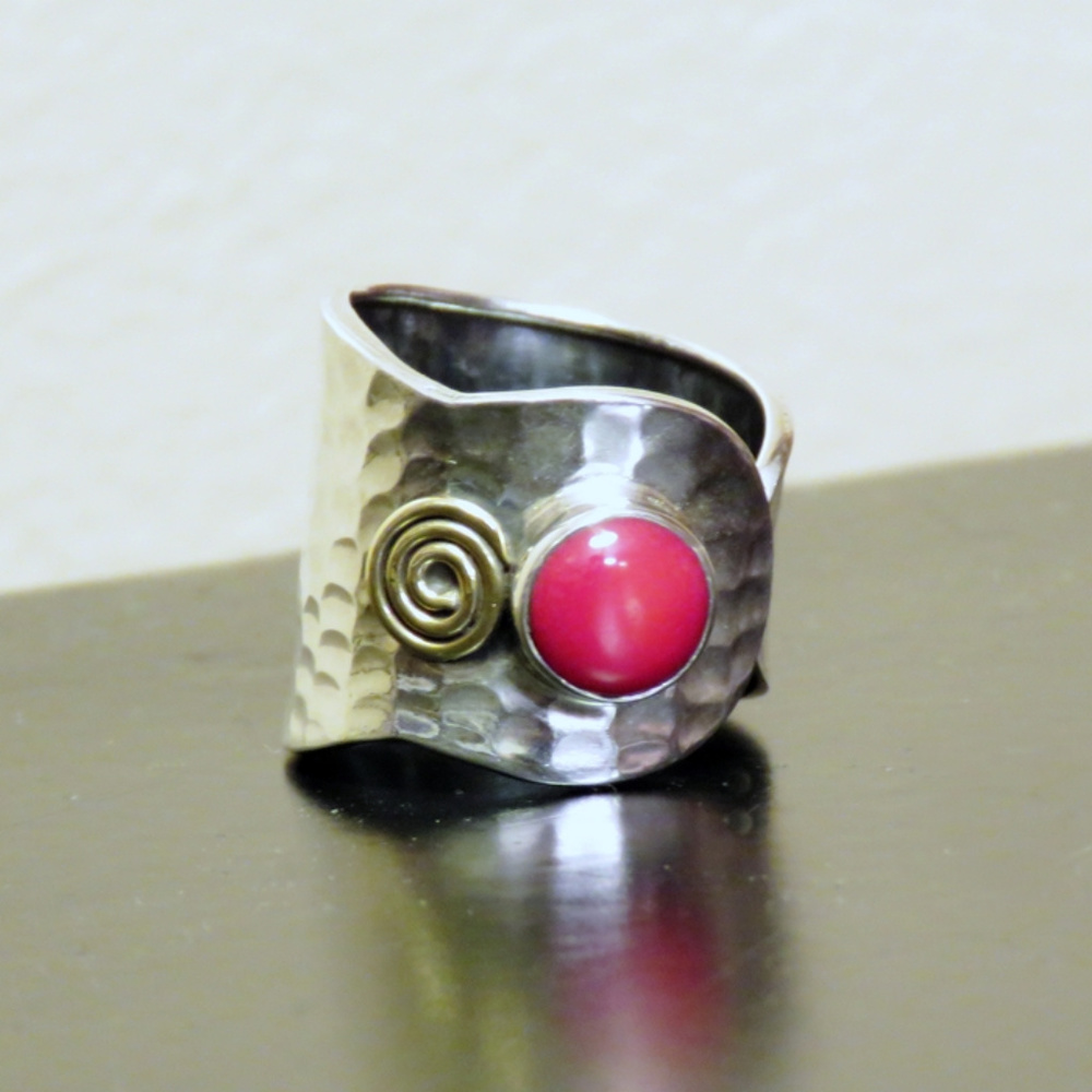 Hammered Sterling Silver & Coral Adjustable Ring